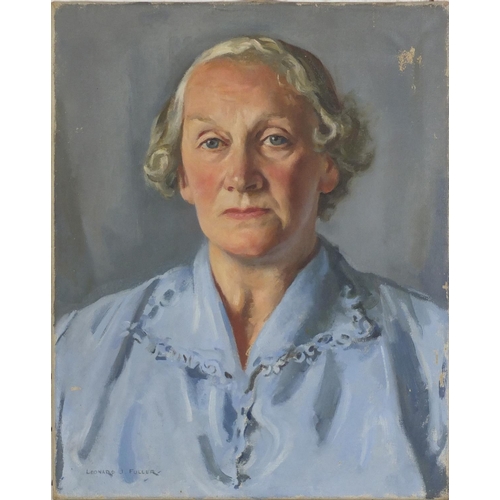 499 - Leonard J Fuller - Portrait of a lady, oil on canvas, James Bourlet & Sons label verso, unframed, 51... 