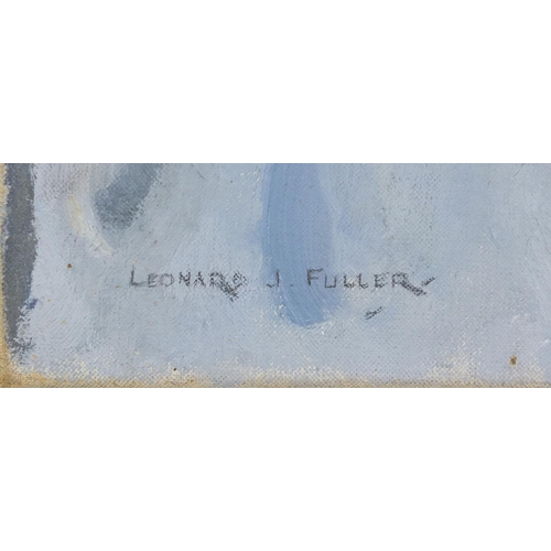 499 - Leonard J Fuller - Portrait of a lady, oil on canvas, James Bourlet & Sons label verso, unframed, 51... 