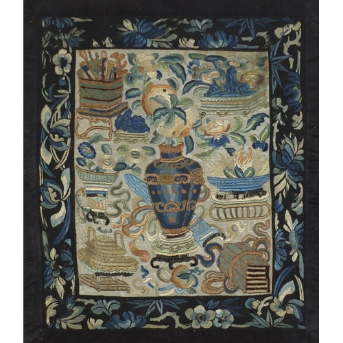 113 - Chinese silk panel finely embroidered with lucky objects and flowers, framed and glazed, 39.5cm x 33... 