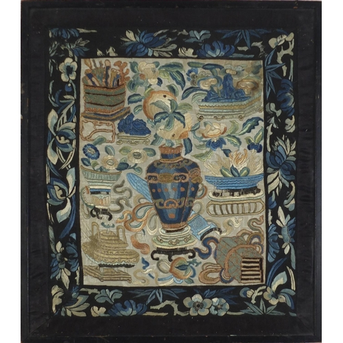 113 - Chinese silk panel finely embroidered with lucky objects and flowers, framed and glazed, 39.5cm x 33... 