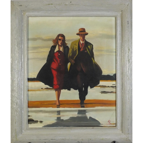 104 - Manner of Jack Vettriano - Figures walking on a beach, oil on board, framed, 50cm x 39.5cm excluding... 