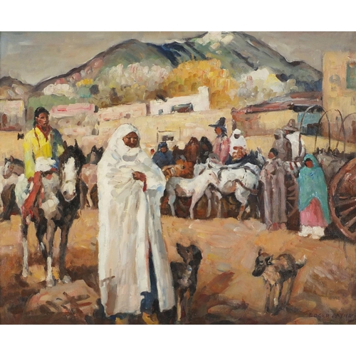 224 - Native American village scene with farmers and figure on horseback, oil on board, framed, 59.5cm x 4... 
