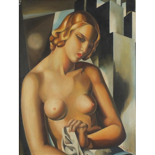 498 - Manner of Tamara de Lempicka - Portrait of a nude Art Deco female, oil on board, mounted and framed,... 