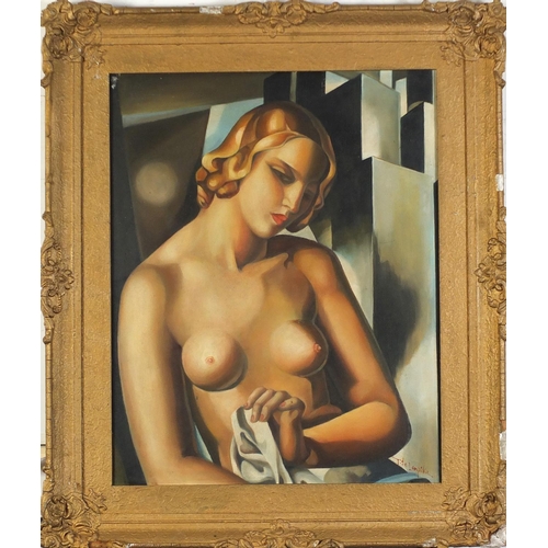 498 - Manner of Tamara de Lempicka - Portrait of a nude Art Deco female, oil on board, mounted and framed,... 