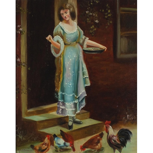 478 - Female feeding cockerels, Italian Impressionist oil on board, mounted and framed, 49.5cm x 39cm excl... 