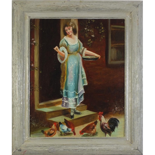 478 - Female feeding cockerels, Italian Impressionist oil on board, mounted and framed, 49.5cm x 39cm excl... 