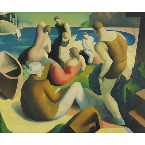 476 - American beach scene with bathers, Art Deco school oil on board, framed, 60cm x 49cm excluding the f... 