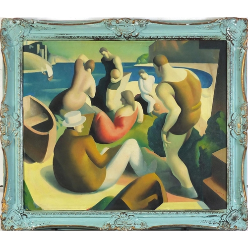 476 - American beach scene with bathers, Art Deco school oil on board, framed, 60cm x 49cm excluding the f... 