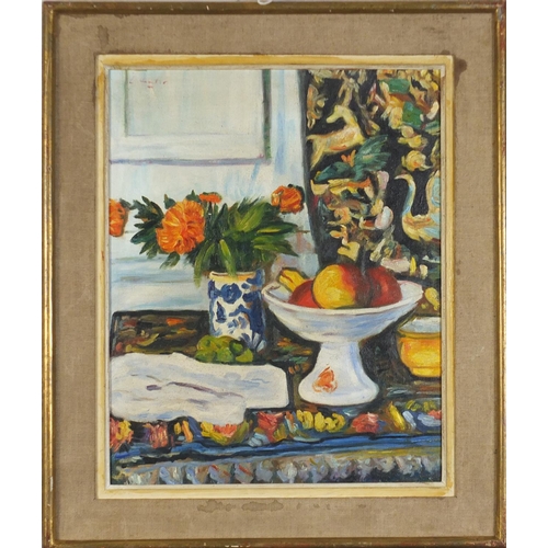 39 - Still life fruit and vessels, Scottish colourist school oil on board, mounted and framed, 47cm x 38c... 