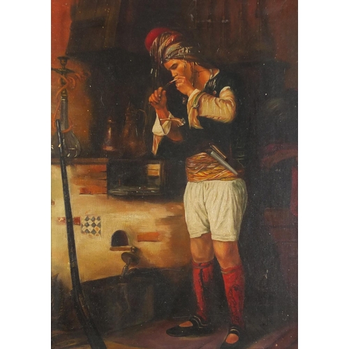 985 - Young man smoking in an interior, Turkish school oil on board, mounted and framed, 53.5cm x 38cm exc... 