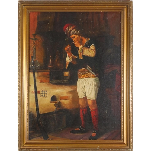 985 - Young man smoking in an interior, Turkish school oil on board, mounted and framed, 53.5cm x 38cm exc... 