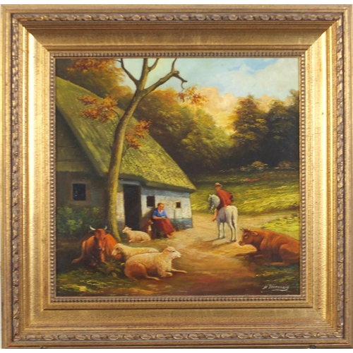 459 - Cottage with figures and animals, Continental school oil on board, bearing a signature H Verfaillie,... 