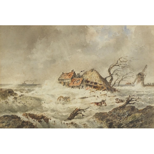 38 - Francois Carlebur - Flooded farmland with cows in water and a windmill, 19th century Dutch School wa... 