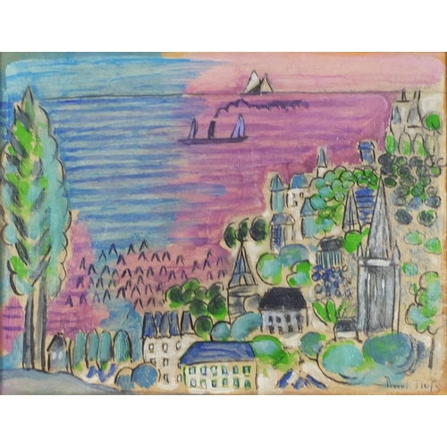 457 - Manner of Raoul Dufy - Town by the sea, Continental school oil on board, label verso, mounted and fr... 