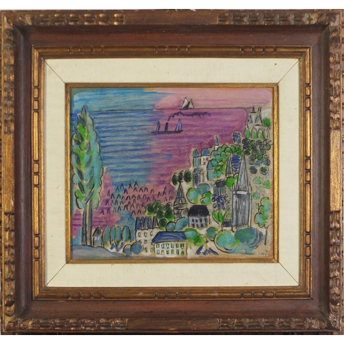 457 - Manner of Raoul Dufy - Town by the sea, Continental school oil on board, label verso, mounted and fr... 