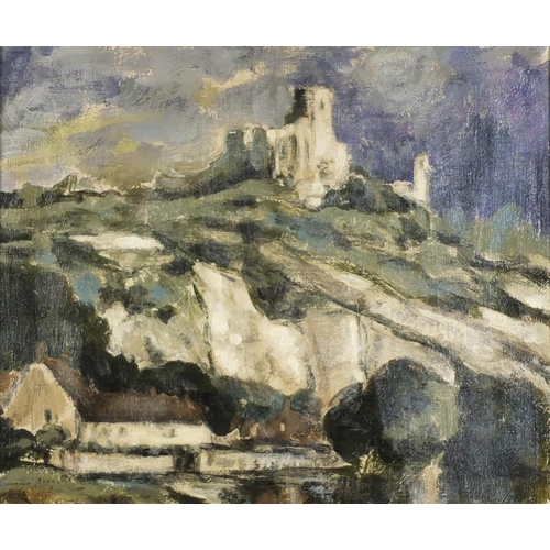 523 - Fortress on hilltop, oil on canvas, mounted and framed, 44.5cm x 36.5cm excluding the mount and fram... 