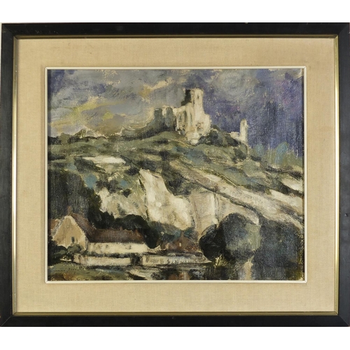 523 - Fortress on hilltop, oil on canvas, mounted and framed, 44.5cm x 36.5cm excluding the mount and fram... 