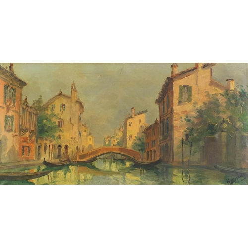 838 - Martelli - Venetian canal with gondolas and bridge, Italian school oil on canvas, mounted and framed... 