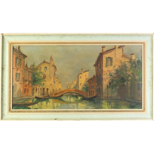 838 - Martelli - Venetian canal with gondolas and bridge, Italian school oil on canvas, mounted and framed... 