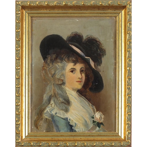230 - Head and shoulders portrait of a young female wearing a wide brimmed hat, 19th century oil on canvas... 