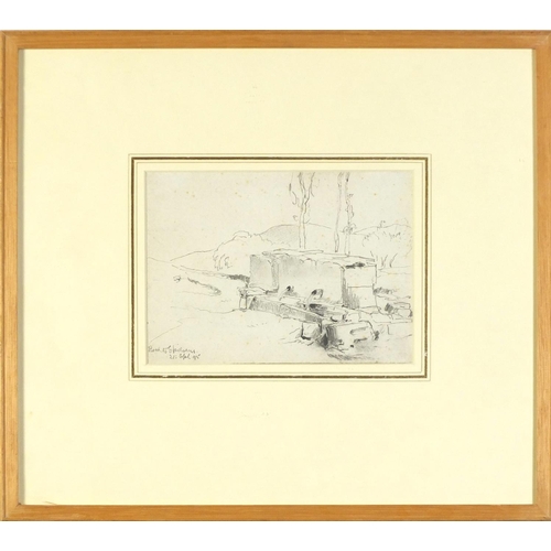 521 - John Fulleylove 1895 - Road to ship docks, pencil, details verso, mounted, framed and glazed, 18.5cm... 