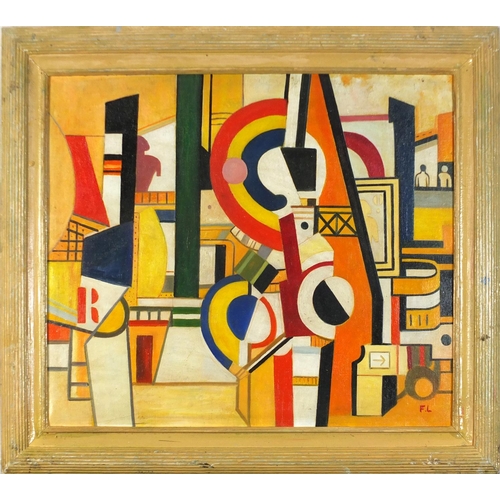 837 - Manner of Fernand Leger - Abstract composition, geometric shapes, French school oil on board, framed... 