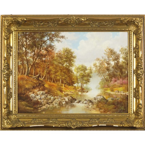 524 - River through woodland, Continental school oil on board, bearing an indistinct signature, possibly H... 