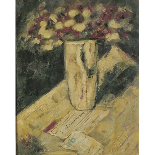 108 - Still life flowers in a vase, Modern British oil on canvas, framed, 48.5cm x 38.5cm excluding the fr... 