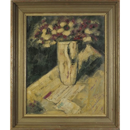 108 - Still life flowers in a vase, Modern British oil on canvas, framed, 48.5cm x 38.5cm excluding the fr... 