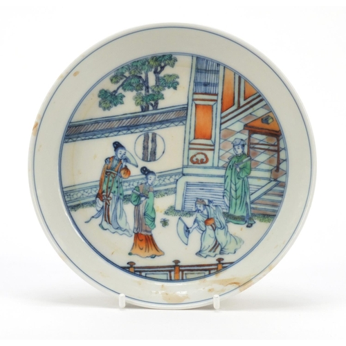 464 - Chinese Doucai porcelain shallow dish hand painted with figures in a palace, six figure character ma... 