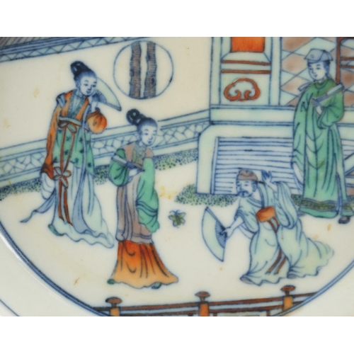 464 - Chinese Doucai porcelain shallow dish hand painted with figures in a palace, six figure character ma... 