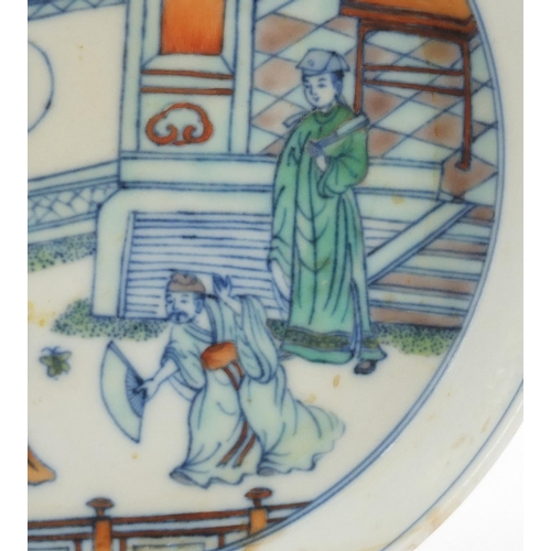 464 - Chinese Doucai porcelain shallow dish hand painted with figures in a palace, six figure character ma... 