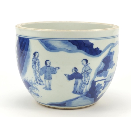 460 - Chinese blue and white porcelain jardinière hand painted with figures and a scholar in a landscape, ... 