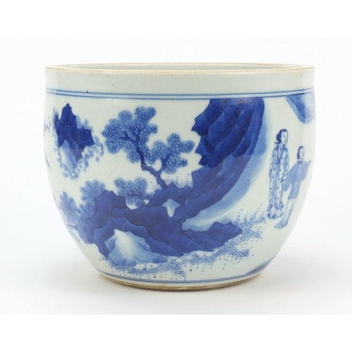 460 - Chinese blue and white porcelain jardinière hand painted with figures and a scholar in a landscape, ... 