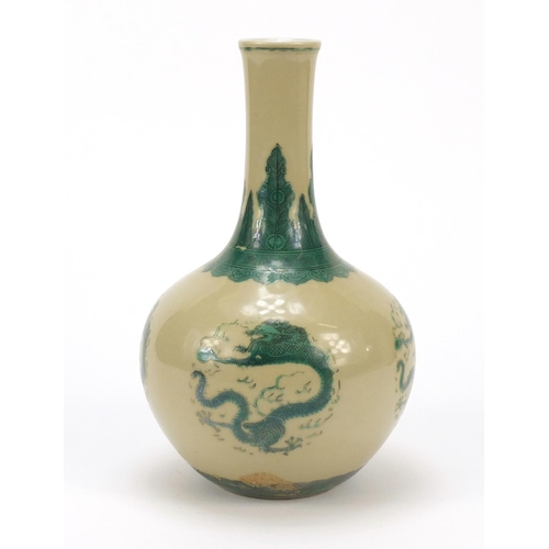 506 - Chinese porcelain vase hand painted in green with roundels of dragons below a ruyi head border, six ... 