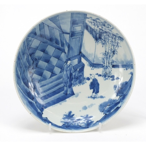 505 - Chinese blue and white porcelain shallow dish hand painted with a figure attending an Emperor, six f... 