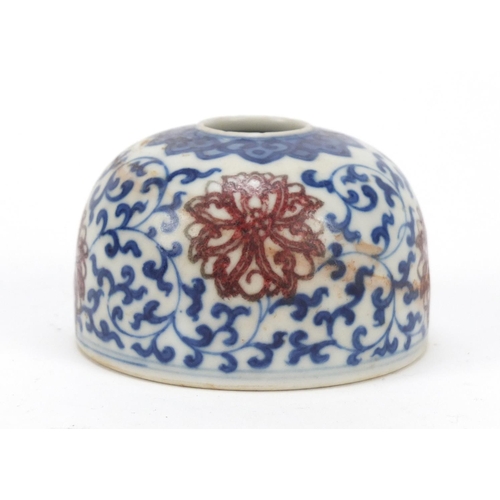 514 - Chinese blue and white porcelain with iron red water pot, hand painted with flower heads amongst scr... 