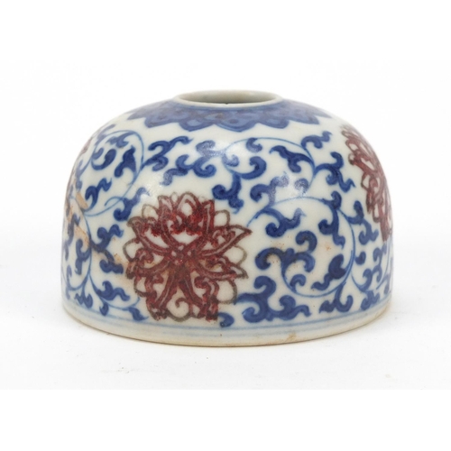 514 - Chinese blue and white porcelain with iron red water pot, hand painted with flower heads amongst scr... 