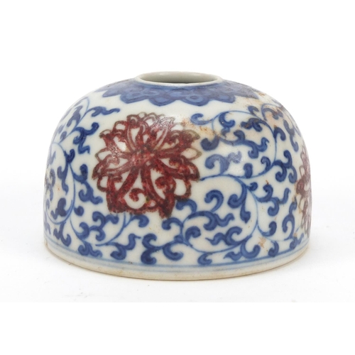 514 - Chinese blue and white porcelain with iron red water pot, hand painted with flower heads amongst scr... 