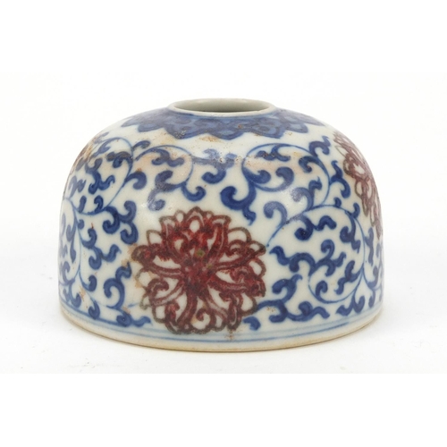 514 - Chinese blue and white porcelain with iron red water pot, hand painted with flower heads amongst scr... 