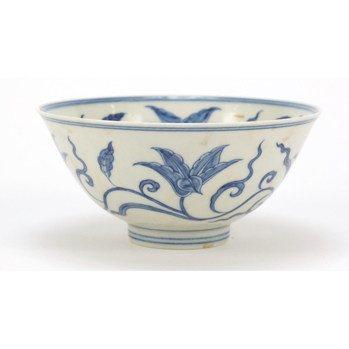 119 - Chinese blue and white porcelain footed bowl hand painted with flowers, six figure character marks t... 