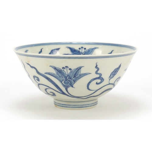 119 - Chinese blue and white porcelain footed bowl hand painted with flowers, six figure character marks t... 