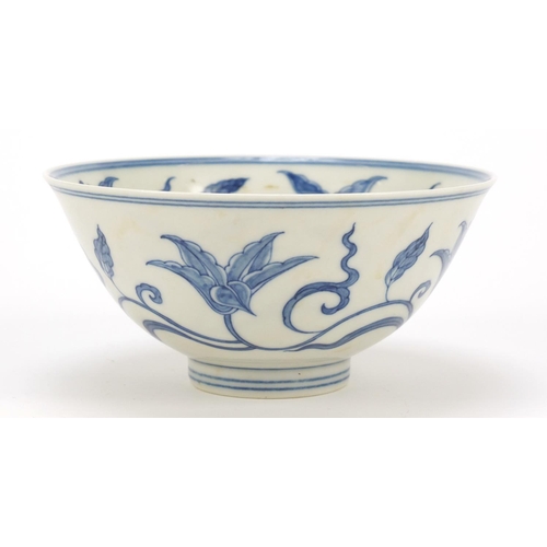 119 - Chinese blue and white porcelain footed bowl hand painted with flowers, six figure character marks t... 