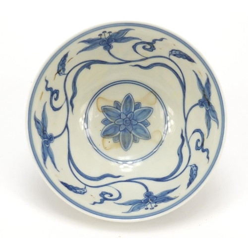 119 - Chinese blue and white porcelain footed bowl hand painted with flowers, six figure character marks t... 