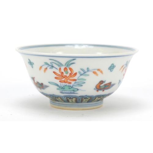 1157 - Chinese doucai porcelain bowl hand painted with ducks amongst flowers, six figure character marks to... 