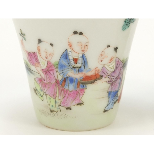 465 - Good pair of Chinese porcelain tea cups hand painted in the famille rose palette with children playi... 