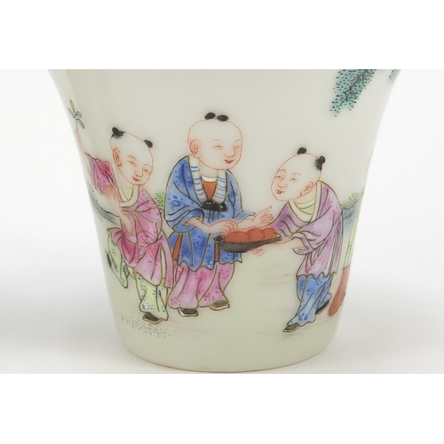 465 - Good pair of Chinese porcelain tea cups hand painted in the famille rose palette with children playi... 