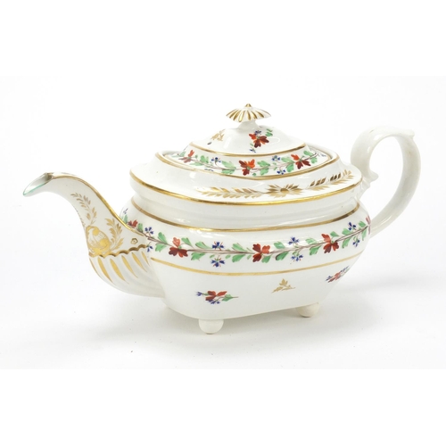 88 - Derby, early 19th century teapot, hand painted and gilded with flowers, painted marks to the base, 3... 