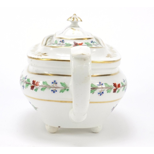 88 - Derby, early 19th century teapot, hand painted and gilded with flowers, painted marks to the base, 3... 