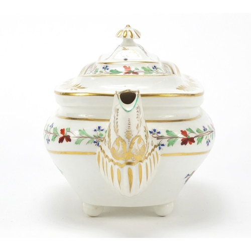 88 - Derby, early 19th century teapot, hand painted and gilded with flowers, painted marks to the base, 3... 